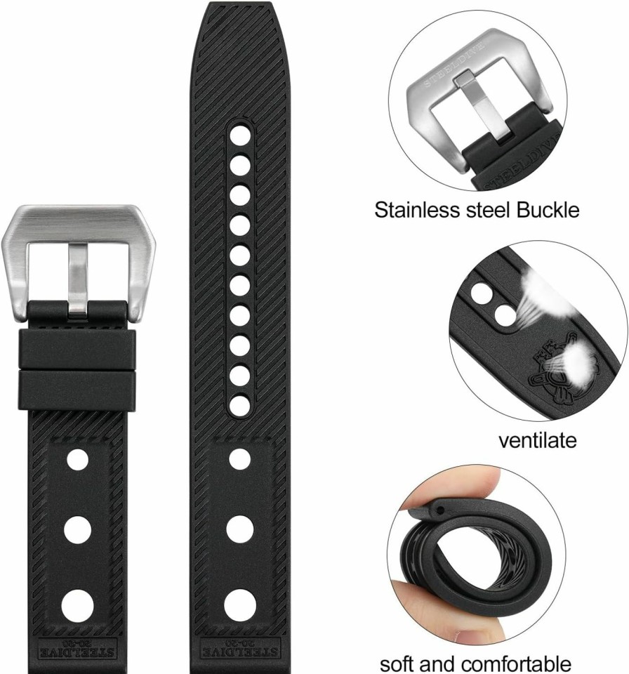 Wholesale watchdives Steeldive Rubber Dive Watch Strap, 20Mm Soft Replacement Watch Bands Black Waterproof Sport Watchbands For Men And Women