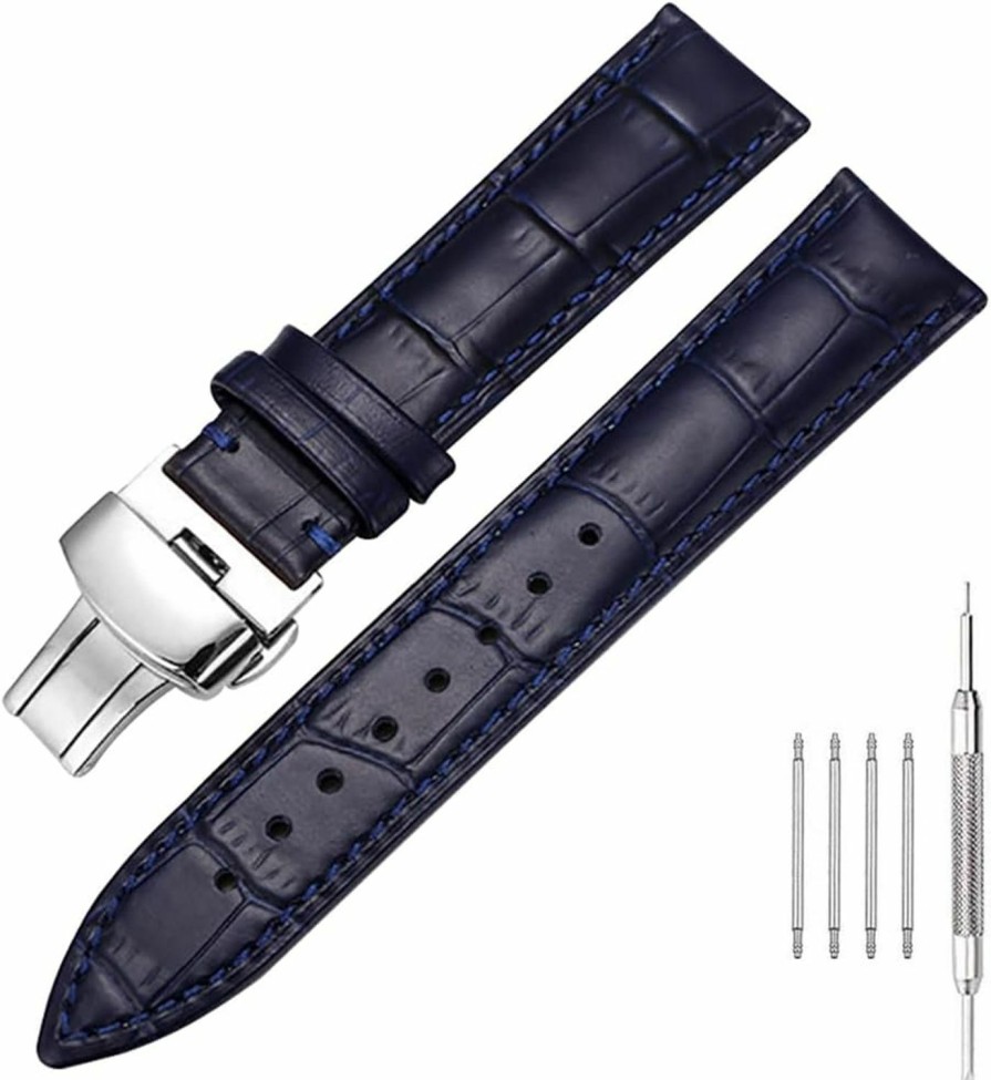 Hot Nice Pies Genuine Calfskin Leather Watch Band,Alligator Grain Deployment Butterfly Buckle Replacement Strap For Men Women 18Mm 20Mm 22Mm 24Mm