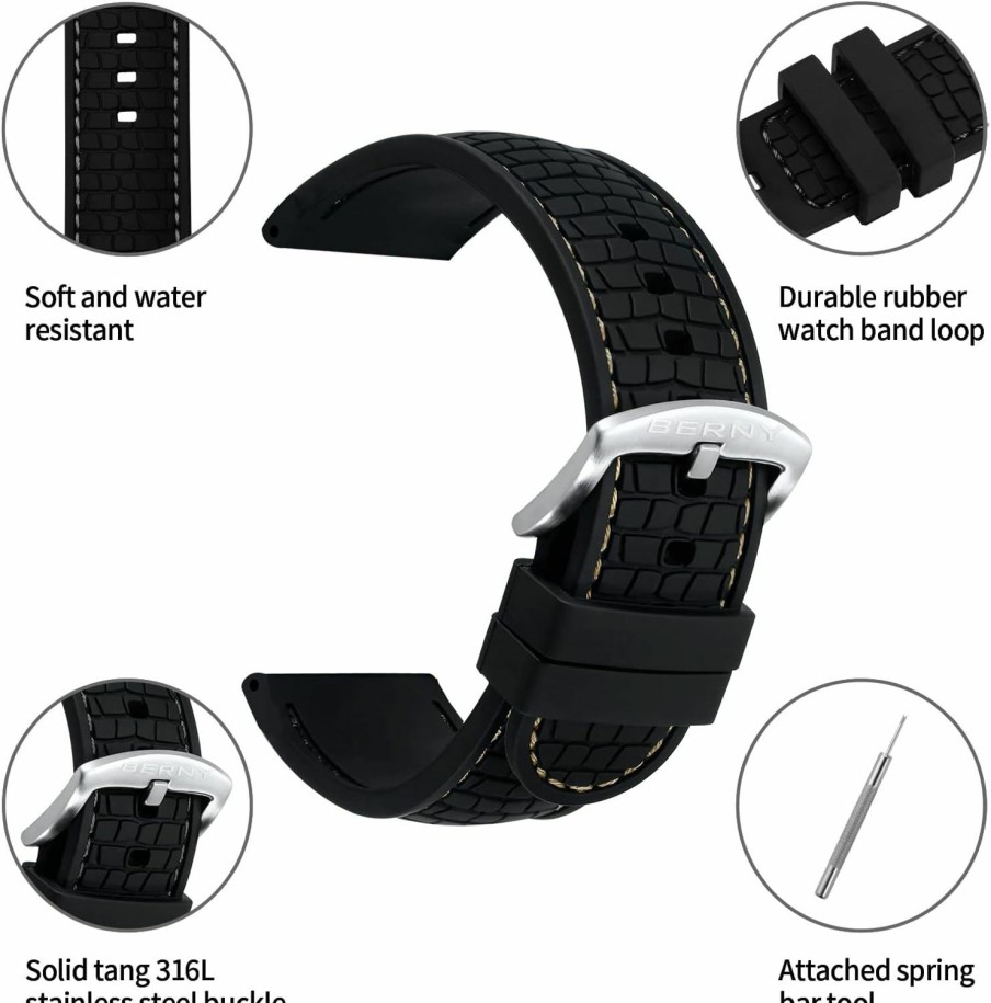 Wholesale BERNY Berny Silicone Watch Bands Soft Rubber Waterproof Replacement Watch Straps With Stainless Steel Buckle Assroted Colors - 22Mm, 24Mm For Men And Women (Grey, Blue, Green, Gold)