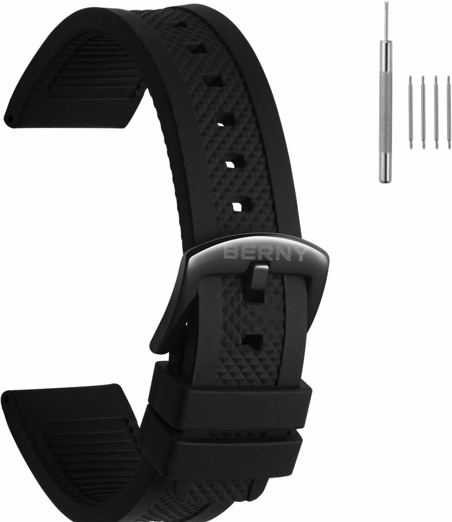 New BERNY Berny Silicone Watch Bands Soft Rubber Waterproof Replacement Watch Straps With Stainless Steel Buckle Silver And Black Colors To Choose - 22Mm For Men And Women