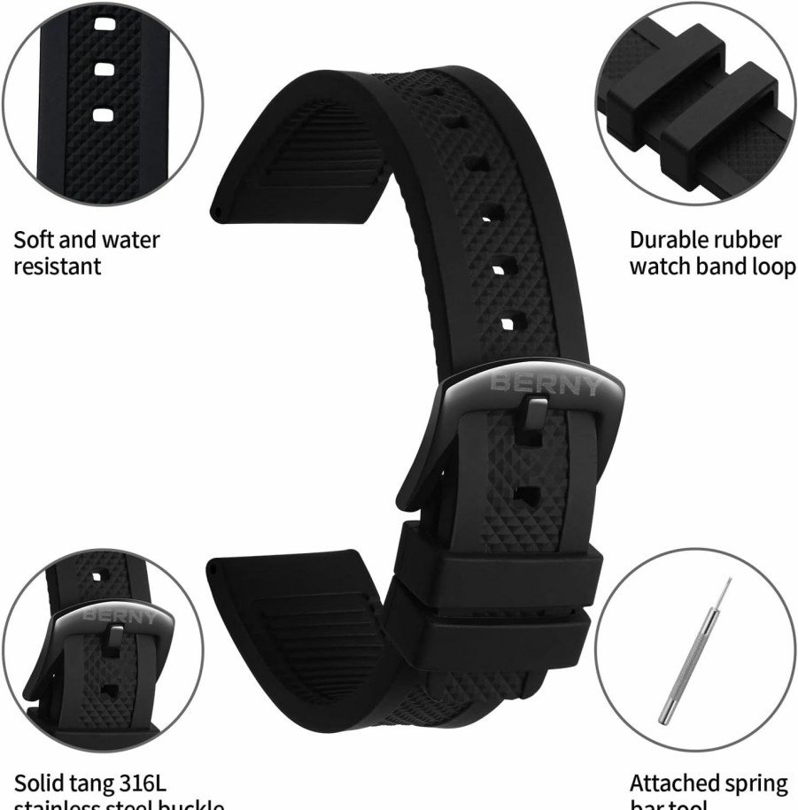 New BERNY Berny Silicone Watch Bands Soft Rubber Waterproof Replacement Watch Straps With Stainless Steel Buckle Silver And Black Colors To Choose - 22Mm For Men And Women