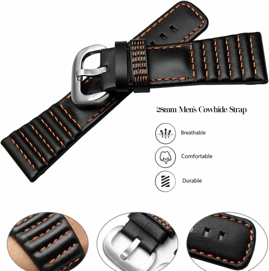 Best Nice Pies 28Mm Men'S Genuine Leather Watch Band Compatible With Seven Friday M1 M2 P3 Sf Calfskin Black Watch Straps With Heavy Duty Metal Buckle Watch Accessories