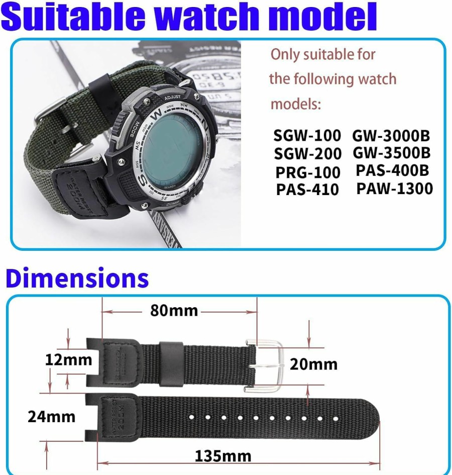 Wholesale MMBAY Mmbay 24Mm Nylon Leather Watch Bands Replacement Fit For Casio G-Shock Sgw-100 Sgw-200 Gw-3000B Gw-3500B Strap Wirstband For Men And Women Bracelet Watch Accessories