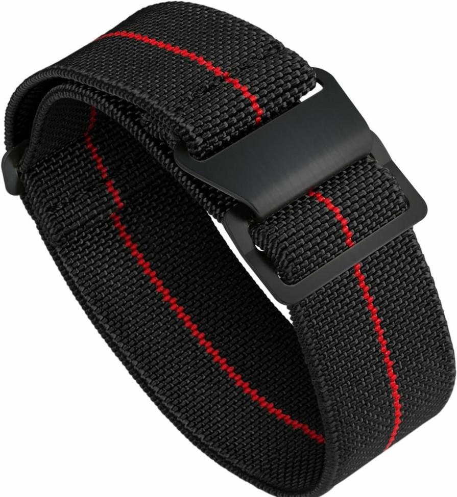 Clearance BINLUN Binlun Watch Band Nylon Waterproof Military Fbric Elastic Replacement Watch Strap Hook-And-Loop Men Women Black Buckle (Black-Red,22Mm)