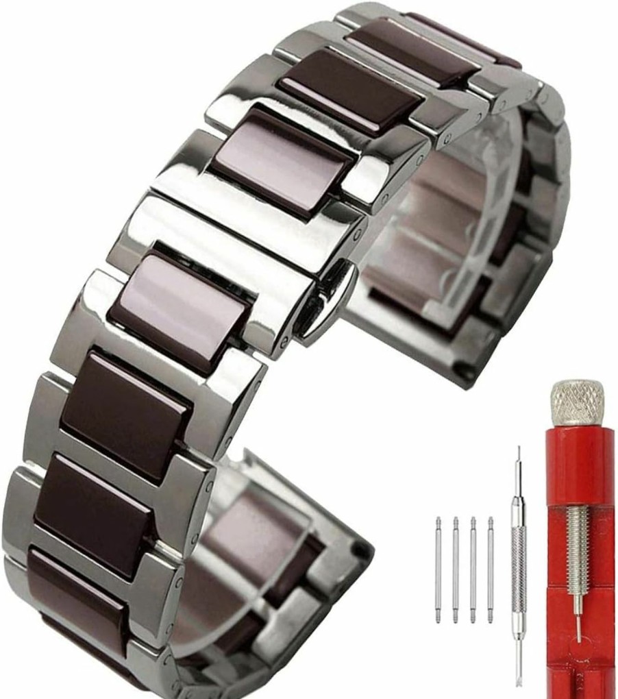 Clearance SINAIKE Sinaike 18Mm Luxury Two Tone Green Brown Ceramic Watch Band Polished Silver Stainless Steel Watch Strap Bracelet For Men Women With Deployment Buckle