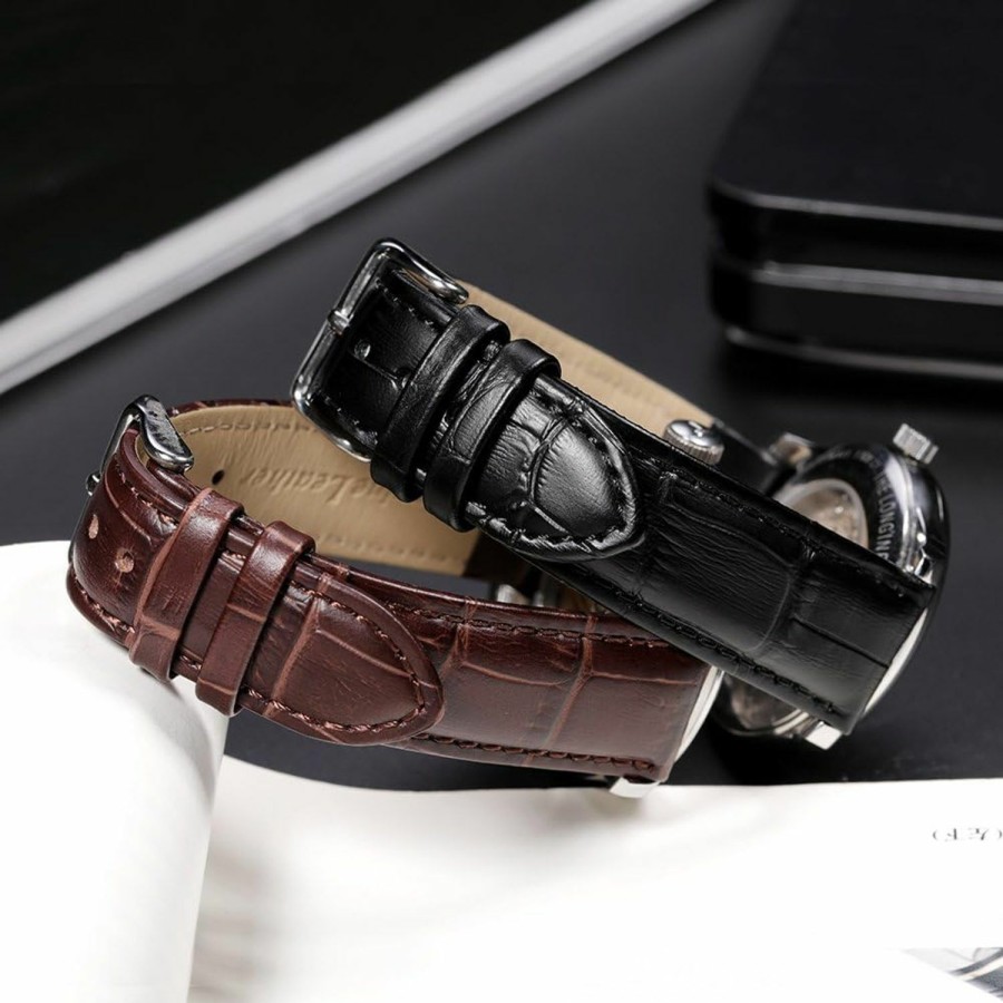 Best iStrap Istrap Leather Watch Band Alligator Grain Calfskin Replacement Strap Stainless Steel Buckle Bracelet For Men Women-18Mm 19Mm 20Mm 21Mm 22Mm 24Mm-Black Brown