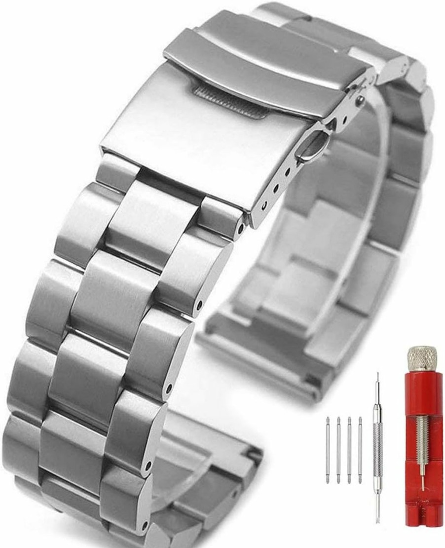 Hot Hstrap Silver/Black Stainless Steel Watch Bands Brushed Finish Watch Strap 18Mm/20Mm/22Mm/24Mm Double Buckle Bracelet