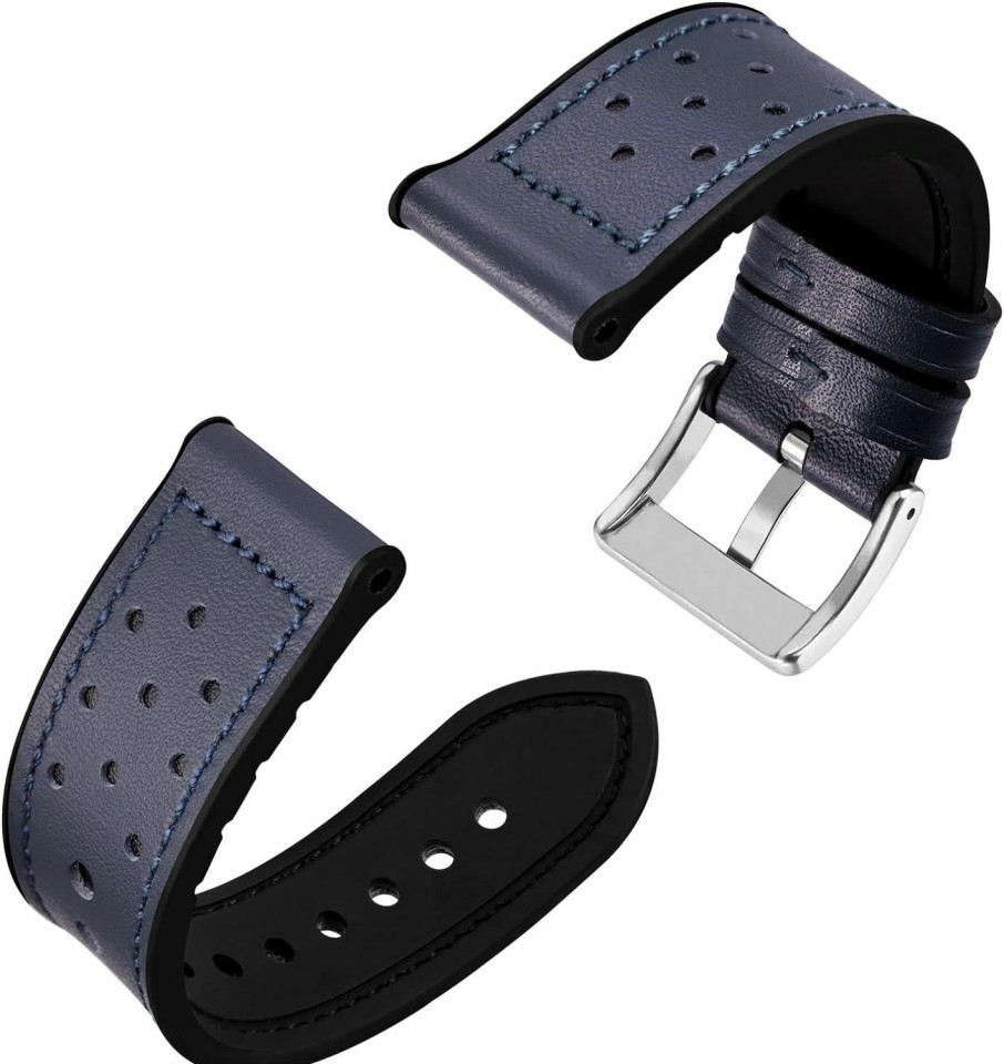 Best Anbeer Anbeer Leather Rubber Watch Band 20Mm 22Mm For Men And Women,Genuine Leather And Premium Soft Silicone Replacement Watch Strap With Stainless Silver & Black Buckle