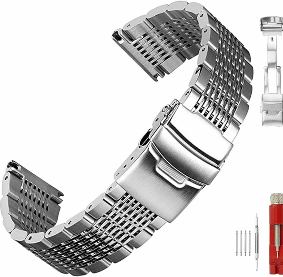 New Hstrap Stainless Steel Watch Band 18Mm 20Mm 22Mm 24Mm Solid Mesh Watch Bands Silver Black Metal Watch Bracelet Deployment Buckle Brushed Polished Strap For Men Women