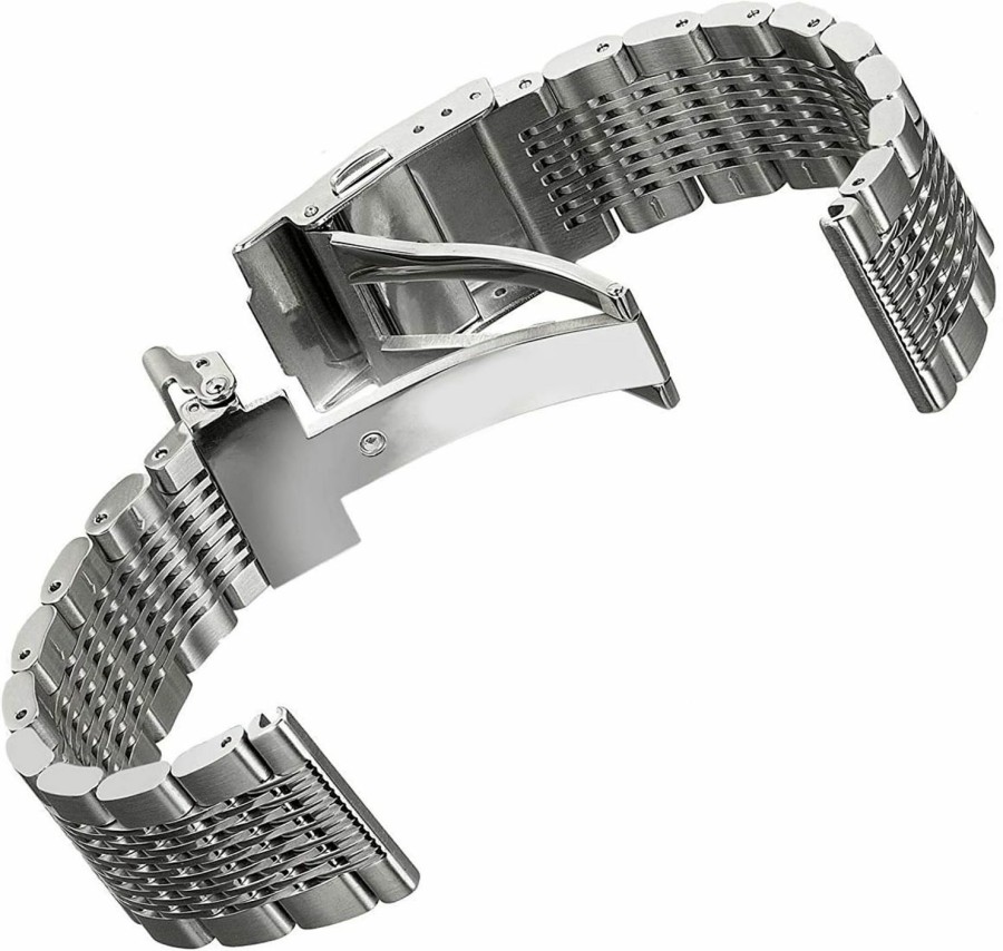 New Hstrap Stainless Steel Watch Band 18Mm 20Mm 22Mm 24Mm Solid Mesh Watch Bands Silver Black Metal Watch Bracelet Deployment Buckle Brushed Polished Strap For Men Women