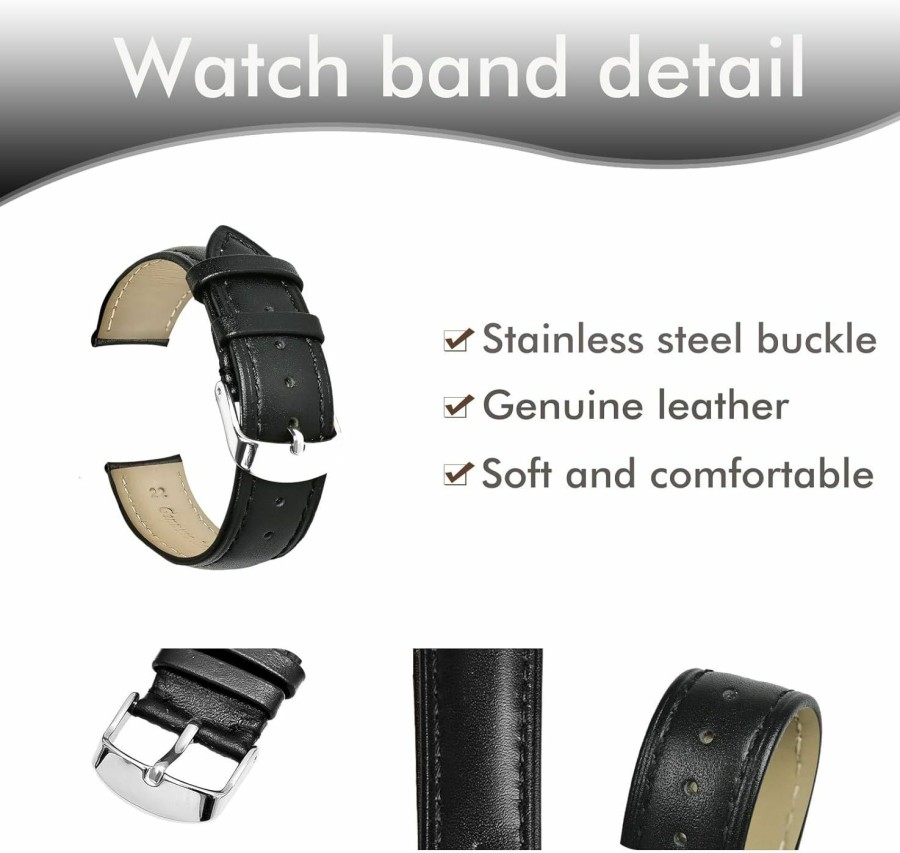 Clearance Euarnalie Euarnalie Leather Watch Band Vintage Genuine Leather Watch Strap 20Mm 22Mm Leather Replacement Bracelet For Men Women (22Mm, Black+Silver Buckle)