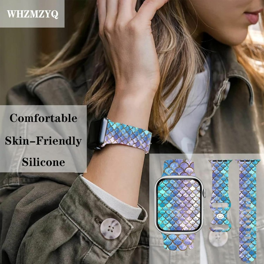 Best WHZMZYQ Fish Scales Mermaid Watch Band Compatible With Apple Watch, Gradient Purple Blue Iwatch Bands Wristbands Soft Silicone Strap Adjustable Replacement For Series 8/7/6/Se Uni Gifts Ideas For Women Men Girls Ladies Female