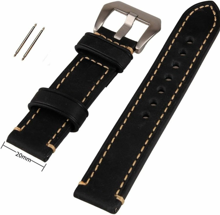 Best Generic 20Mm Black Genuine Leather Watchband Stainless Buckle Watch Wristwatch Band