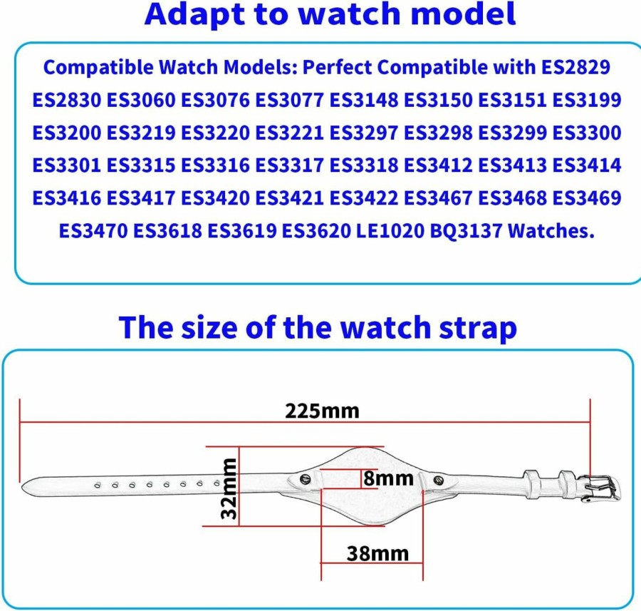 Best MMBAY Mmbay 8Mm Women Leather Watch Bands Replacement Fit For Fossil 8 Mm Es2829 Es2830 Es3060 Es3076 Es3077 Es3148 Es4119 Es4176 Es3262 Es3077 Watch Strap Wirstband Bracelet For Men And Women