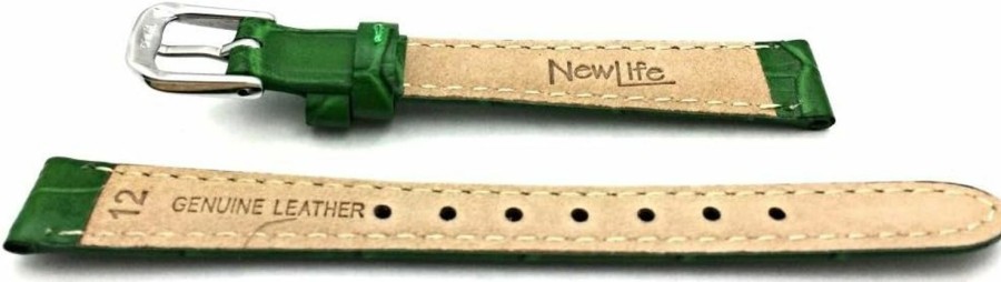 Clearance NewLife 12Mm Green Genuine Leather Watchband | Square Alligator Crocodile Grain, Lightly Padded Replacement Watchstrap That Brings New Life To Any Watch (Womens Standard Length)