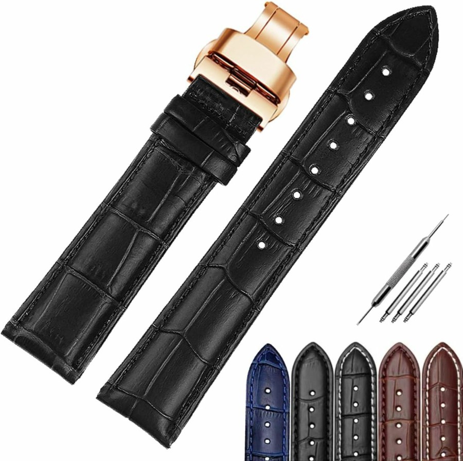 Best Strapseeker Roosevelt Genuine Leather Watch Band With Rose Gold Deployment Butterfly Clasp- Embossed Alligator Grain Watch Strap Replacement For Uni Men Women- Watchband Color Blue Black Brown