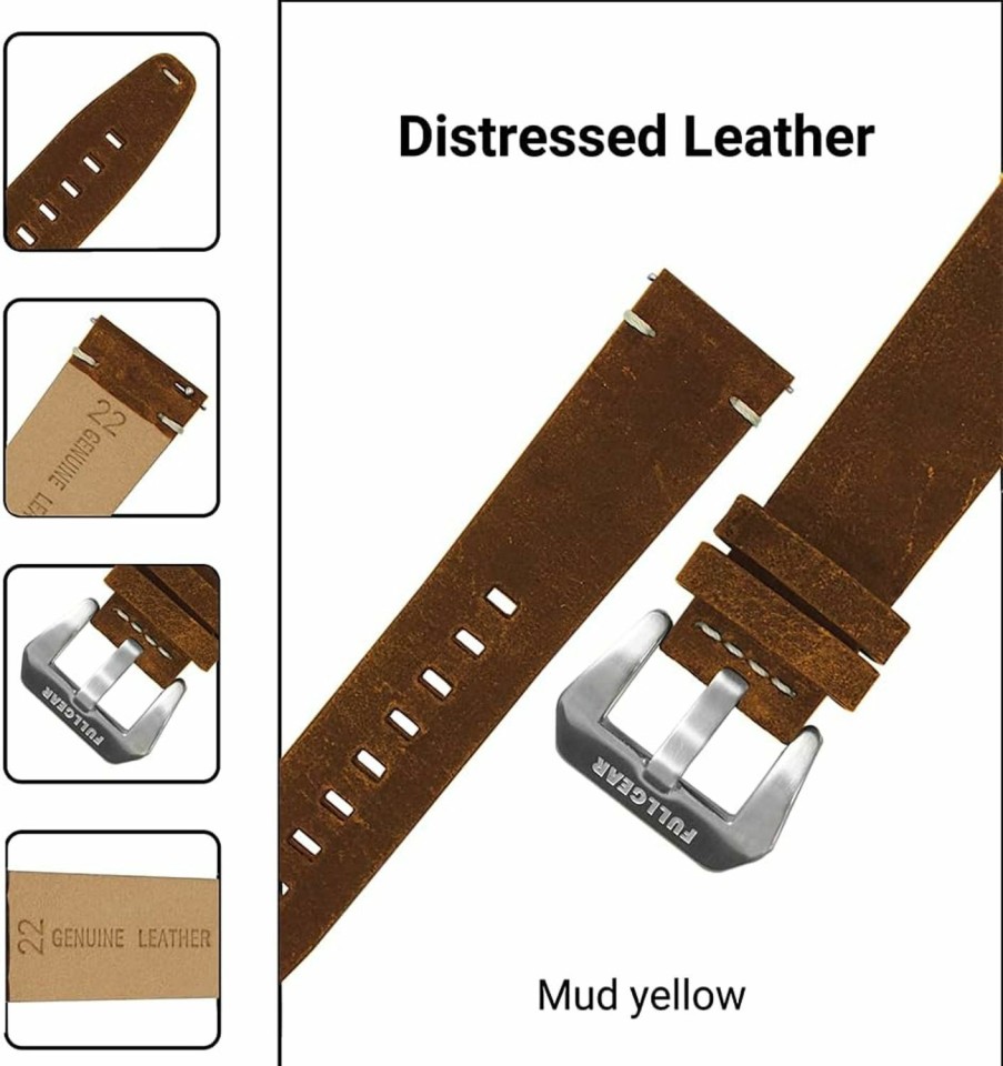 Clearance FullGear Fullgear 22Mm Quick Release Genuine Distressed Leather Watch Replacement Strap Band Bracelet, Stainless Steel Buckle, For Men Women Uni