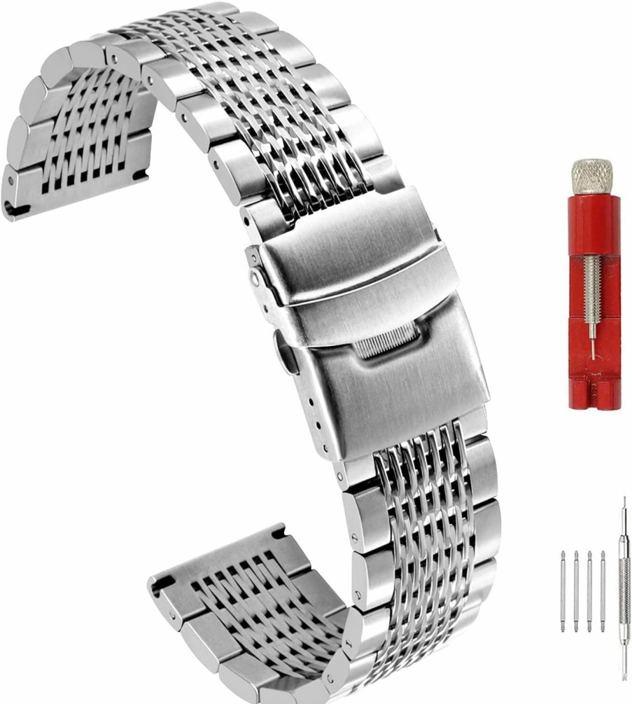 Hot SINAIKE Solid Stainless Steel Mesh Watch Band For Men Women Brushed Middle Polished Metal Watch Strap Bracelet Deployment Clasp 20Mm 22Mm 24Mm Black Silver Blue Gold Rose Gold