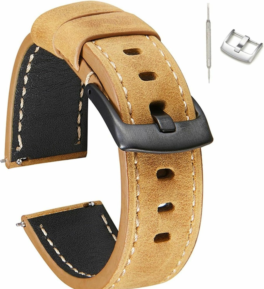 Clearance XSGTZMJ Quick Release Leather Watch Band Is Easy To Use Vintage Crazy Horse Leather Watch Straps 20Mm 22Mm 24Mm For Men And Women Leather Watch Strap Includes 2 Colours Of Silver And Black Metal Clasps